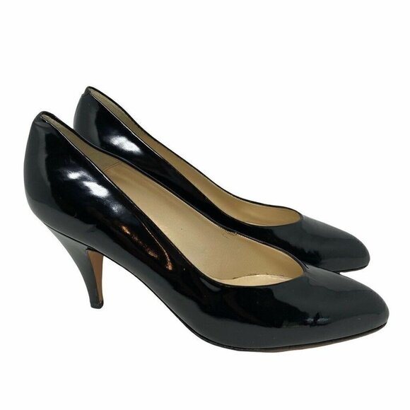 Bally Womens Classic Pump Cone Heels Black Patent Leather Slip On Almond Toe 7 M - Picture 1 of 8